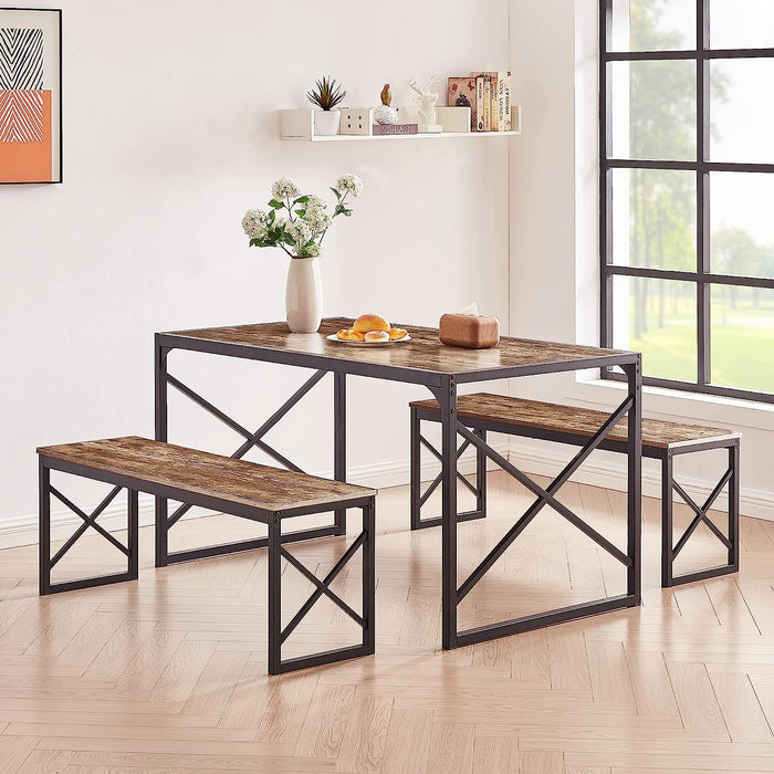 Dining Table Set for 4 with Benches, Brown