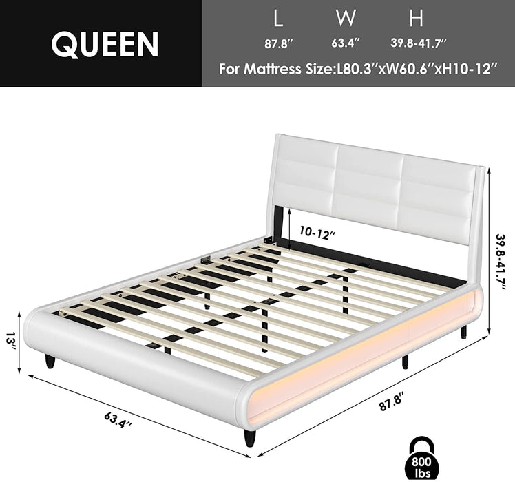 White Queen PU Low Profile Sleigh Platform Bed