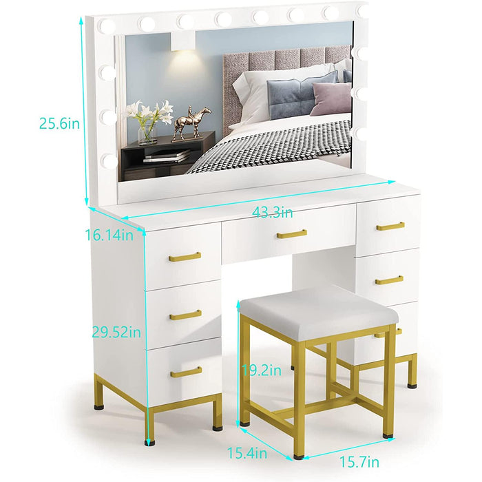 White Vanity Desk Set with Lighted Mirror