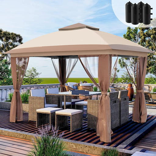 Pop up Gazebo 11'X11' Patio Gazebo Tent Instant, Outdoor Gazebo with Mosquito Netting, Metal Frame Outdoor Canopies for Shade and Rain for Lawn, Garden, Backyard and Deck, Beige