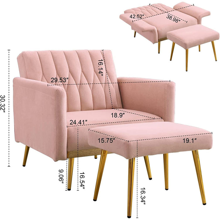 Pink Velvet Chair with Ottoman and Armrests