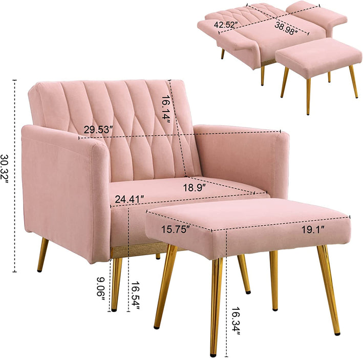 Pink Velvet Chair with Ottoman and Armrests