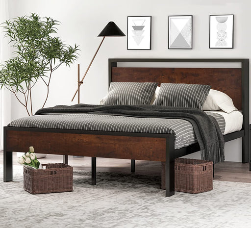 Full Size Metal Platform Bed Frame, Wooden Headboard & Footboard