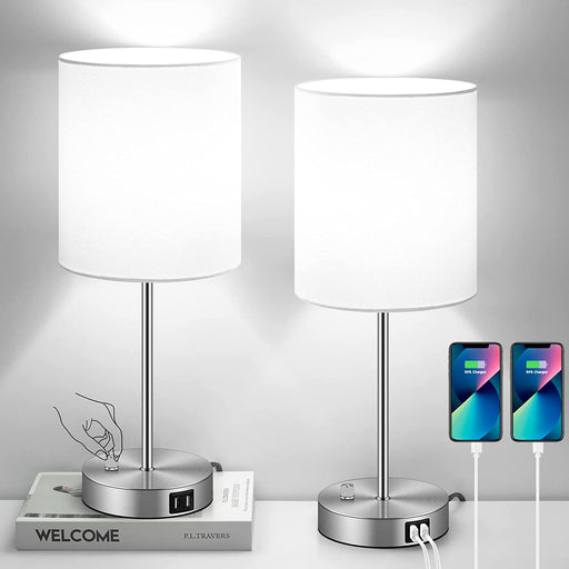 White Bedside Table Lamps with USB Ports and AC Outlet