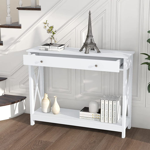 White Console Table with Drawer and Shelves