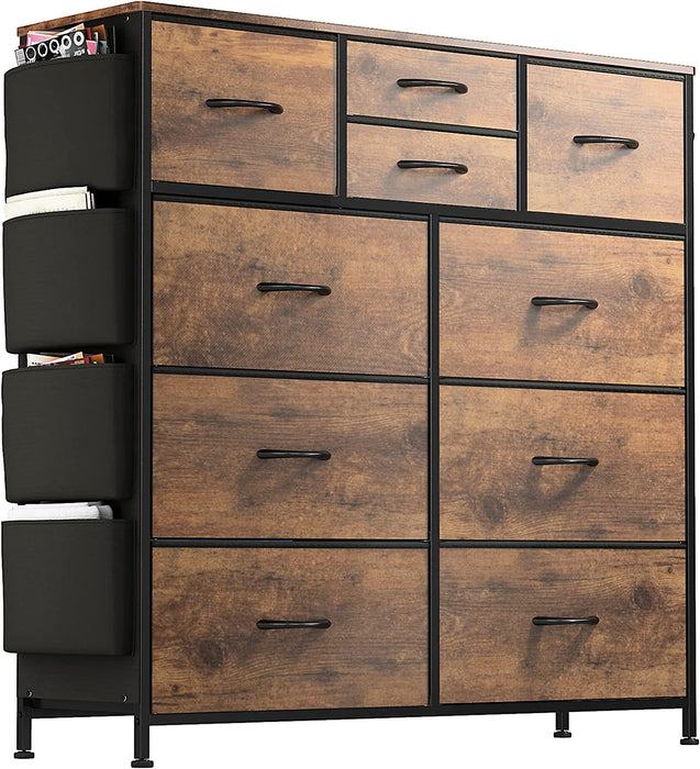 Rustic Brown 10-Drawer Chest of Drawers with Side Pockets