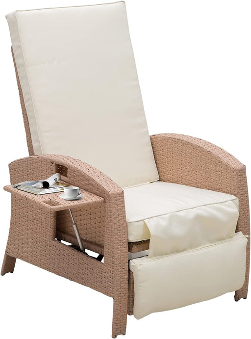 Beige PE Rattan Outdoor Recliner with Cushion