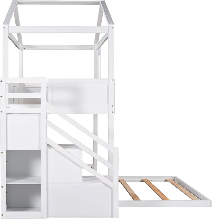 House Bunk Bed Twin over Full, Storage Staircase, Blackboard