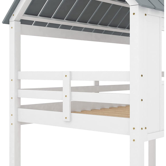 Twin House Bunk Bed with Playhouse, White and Gray