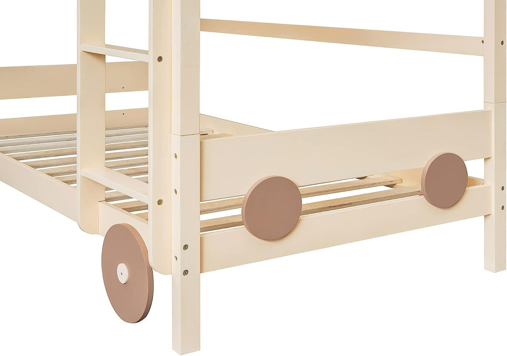 Natural Car-Shaped Low Bunk Bed with Guardrails and Ladder