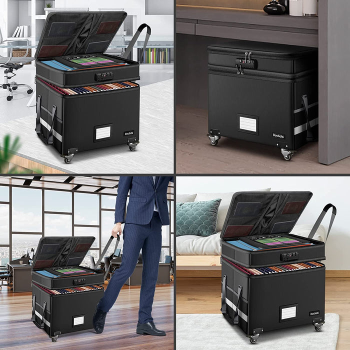DocSafe File Box with Lock, Multi-layer Fireproof Document Box with Wheels,Collapsible Rolling File Storage Organizer Box with Pockets,Large Portable