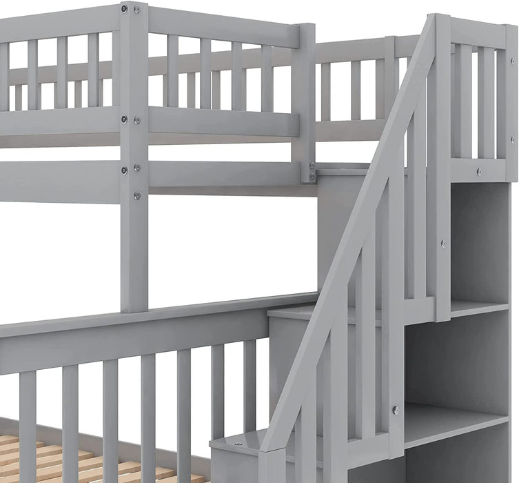 Twin over Full Bunk Bed with Storage Shelves and Guardrail, Grey