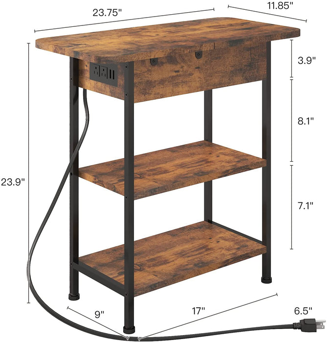 End Table with Charging Station, Flip Top Side Table for Small Spaces, Brown