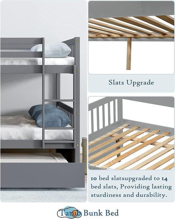 Full over Full Bunk Bed with Trundle, Pine, Ladder, Grey