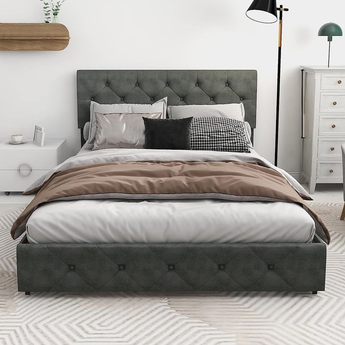 Queen Upholstered Platform Bed Frame, 4 Storage Drawers