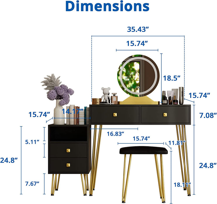 Cozy Castle Black Vanity Desk with Mirror and Lights, Small Vanity Table  for Bedroom, Makeup Desk with Storage Cabinet 