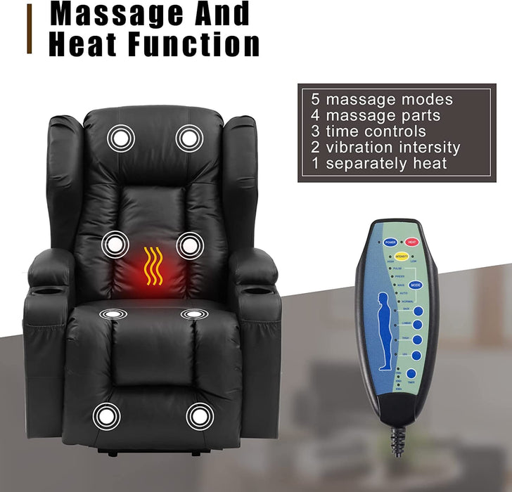 Black Soft Fabric Power Lift Recliner with Massage & Heat