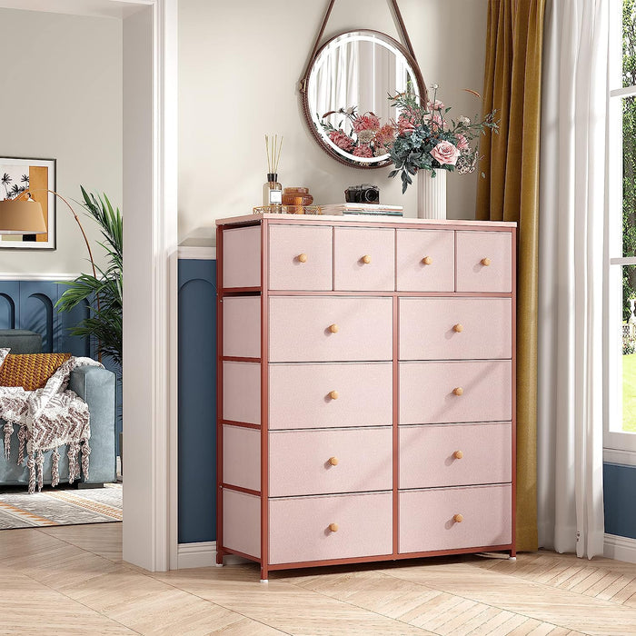 Pink Fabric 12-Drawer Tall Bedroom Dresser