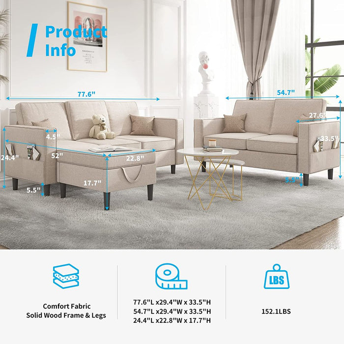 Convertible Sectional Sofa Couch with Storage Ottoman, 3 Pcs Couch Set with Storage Pockets, Sectional Couches for Living Room, 3-Seater + Ottoman + 1-Loveseat (Beige)