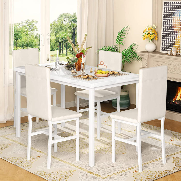 Faux Marble Dining Table Set for 4, All White