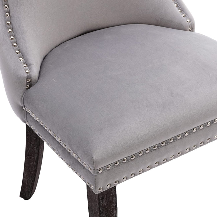 Set of 2 Light Gray Velvet Tufted Wingback Dining Side Chairs, Nailhead, Solid Wood Legs
