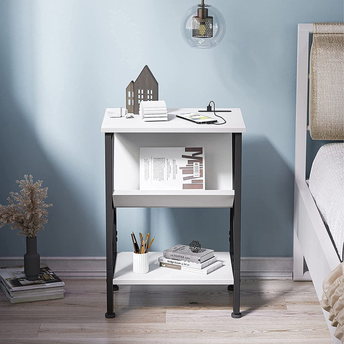 Modern White Oxford End Table with Book Shelf, Dual USB