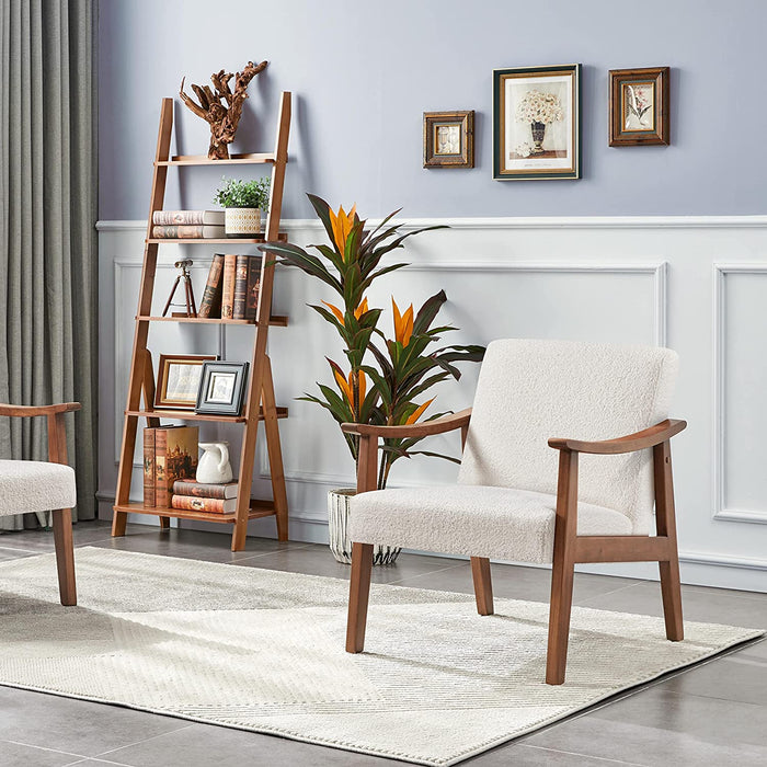 Mid-Century Modern Ivory Accent Chair with Wood Legs