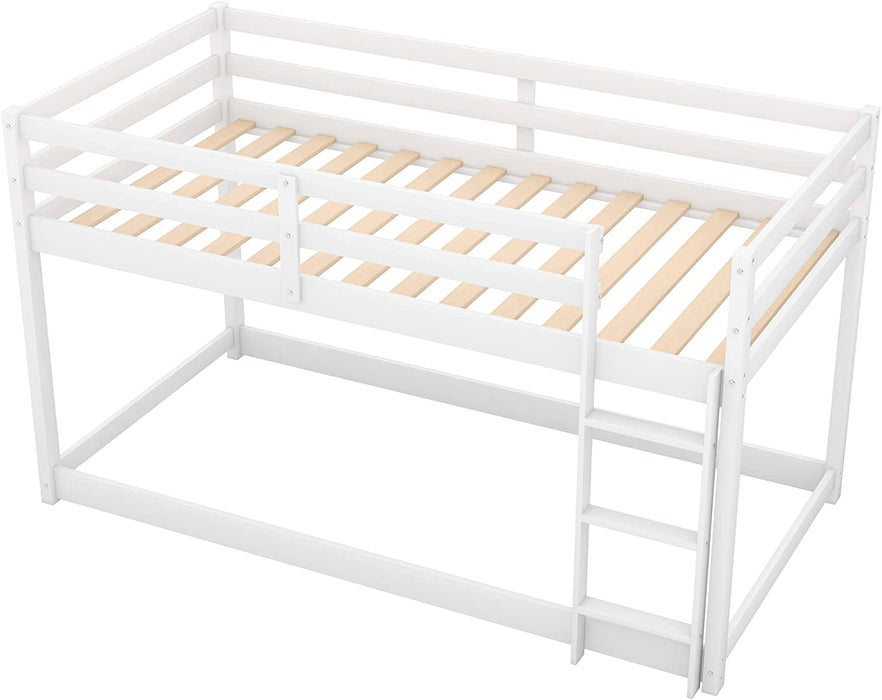 Solid Wood Twin Floor Bunk Bed with Guard Rails, White