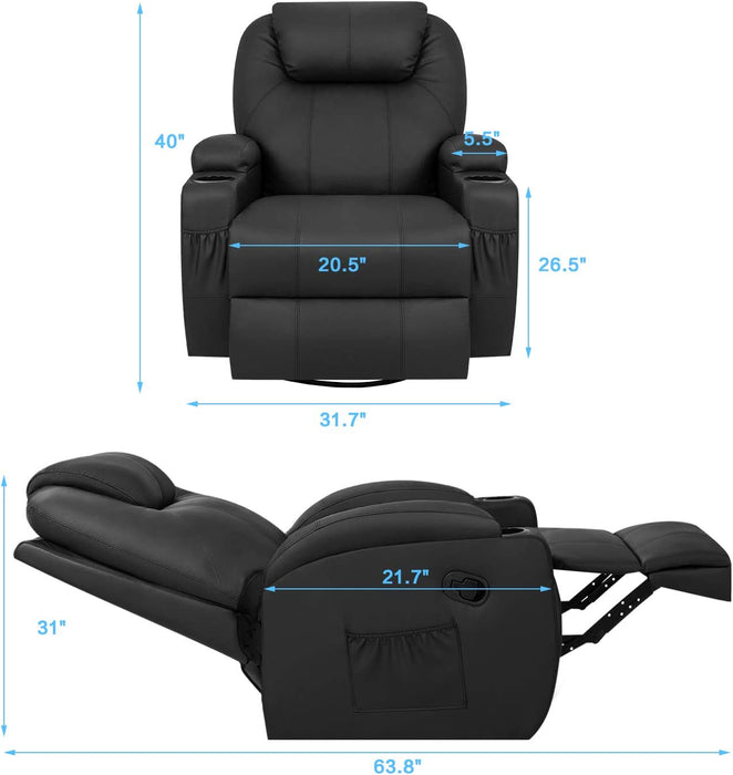 Swivel Rocker Recliner W/Massage, Heat, Remote, Cup Holders, Black