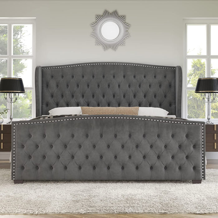 Velvet Queen Platform Bed Frame, Wingback Headboard