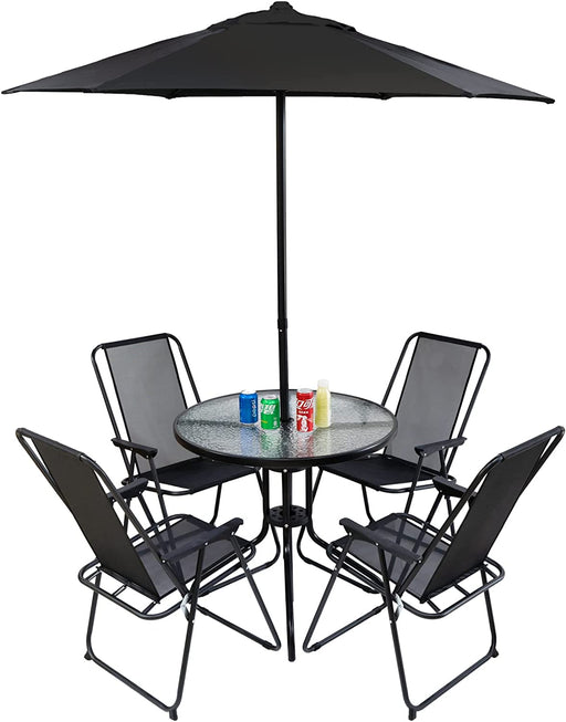 6 Piece Patio Furniture Set with Umbrella Outdoor Dining Set Patio Table and 4 Chairs & Umbrella Black for Beach Camping Garde Patio (Round Table Set)