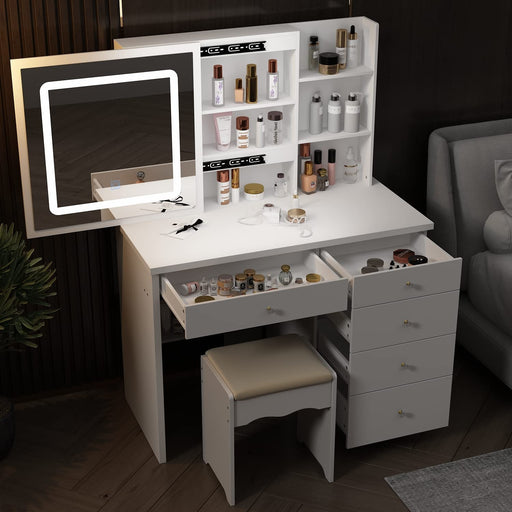 White Vanity Desk with Sliding Lighted Mirror, Drawers, and Shelves
