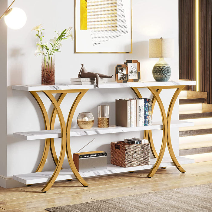 Gold Console Table with 3 Tier Shelves