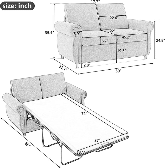 Compact Gray Sleeper Couch with Pull-Out Bed