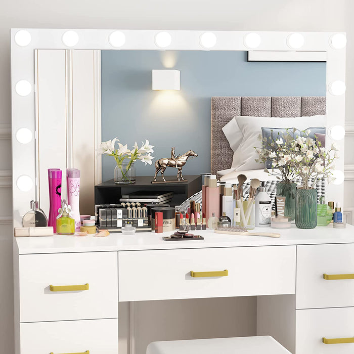 Large Lighted Makeup Vanity, 14 LED Bulbs, 7 Drawers (White)