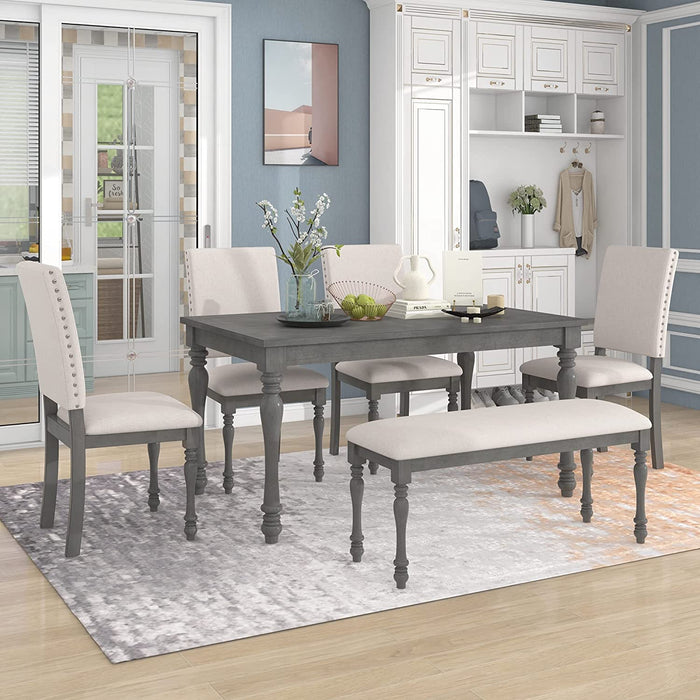 French Style 6-Piece Dining Table Set with Bench, Gray