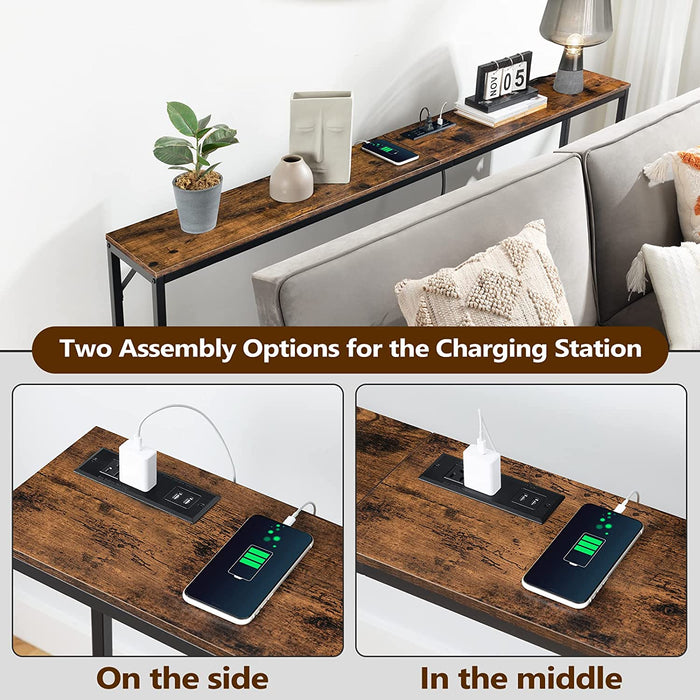 Rustic Sofa Table with Power Outlets and Charging Station