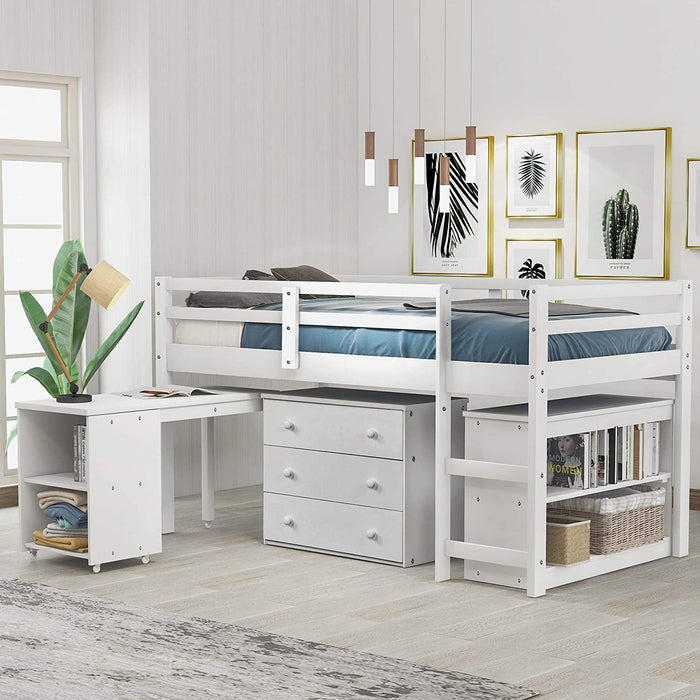 Twin Loft Bed with Rolling Desk/Shelf/Guardrail