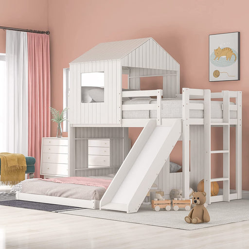 House Bed Bunk Beds with Slide and Guard Rail, No Box Spring Needed