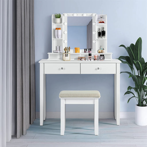 White Vanity Desk with Mirror and Lights