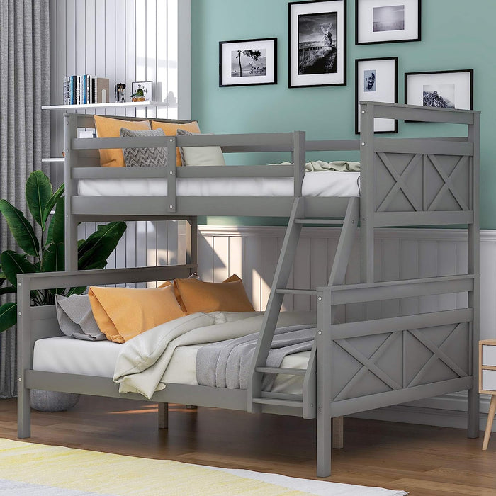 Twin over Full Wood Bunk Bed with Guardrail, Gray