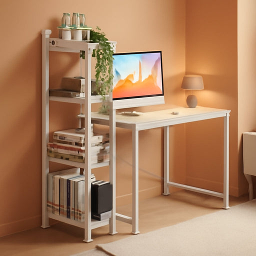 Small 4-Tier Desk with Bookshelf - Natural/White