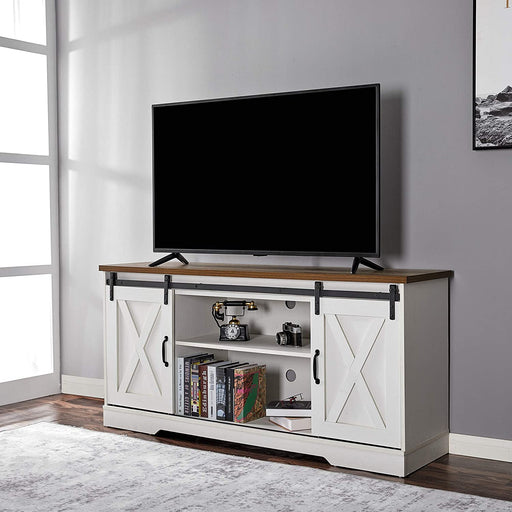 Rustic White TV Stand with Sliding Barn Door
