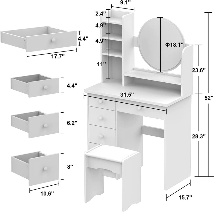 White Vanity Set with round Mirror & Drawer Storage