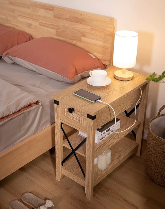 Rattan Nightstand with Flip Top and Storage Drawer