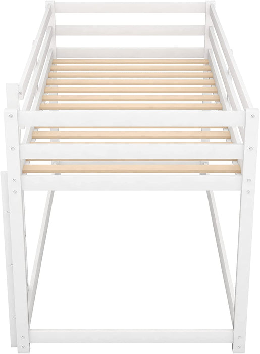 Solid Wood Twin Floor Bunk Bed with Guard Rails, White
