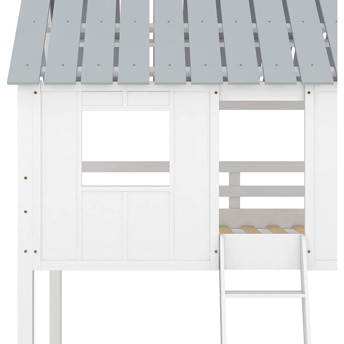 Twin House Bunk Bed with Playhouse, White and Gray