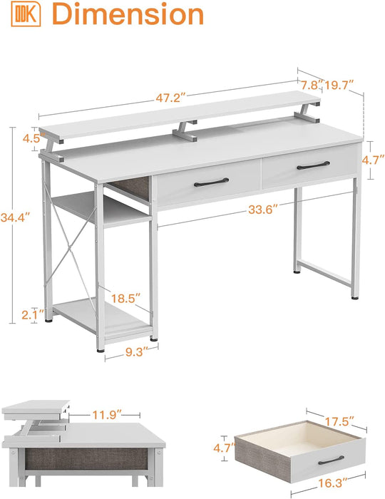 White Computer Desk with Drawers and Shelves