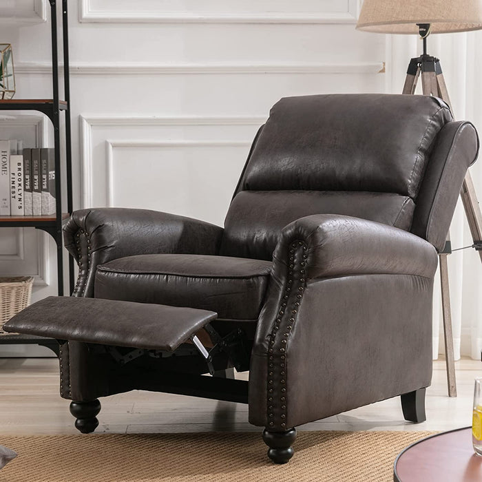 Pushback Recliner Chair, Leather, Rivet Decoration, Dark Grey