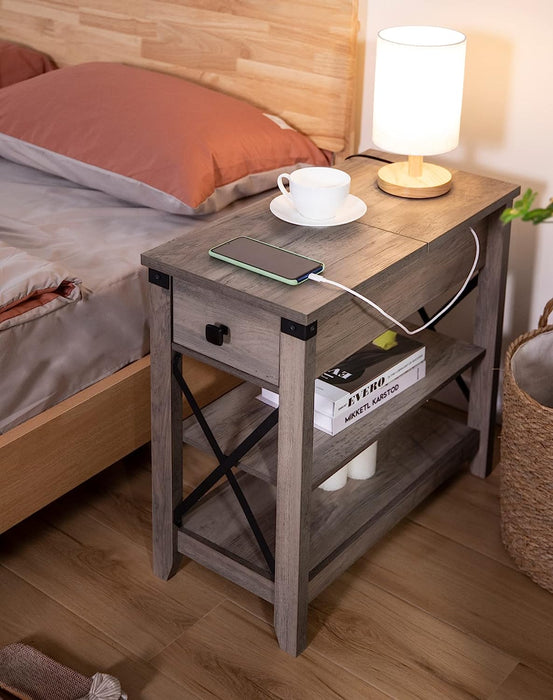 Farmhouse Slim Side Table with Charging Station